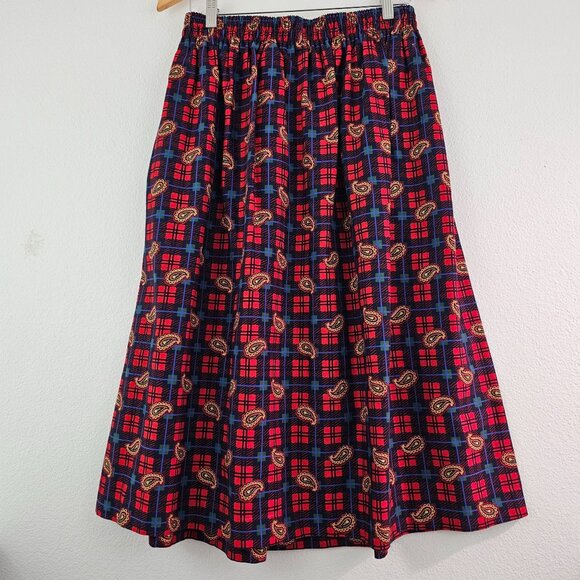 Talbots Sz 14P Red Blue Plaid Paisley Flannel Midi Skirt Pockets Western Cottage - Picture 7 of 13